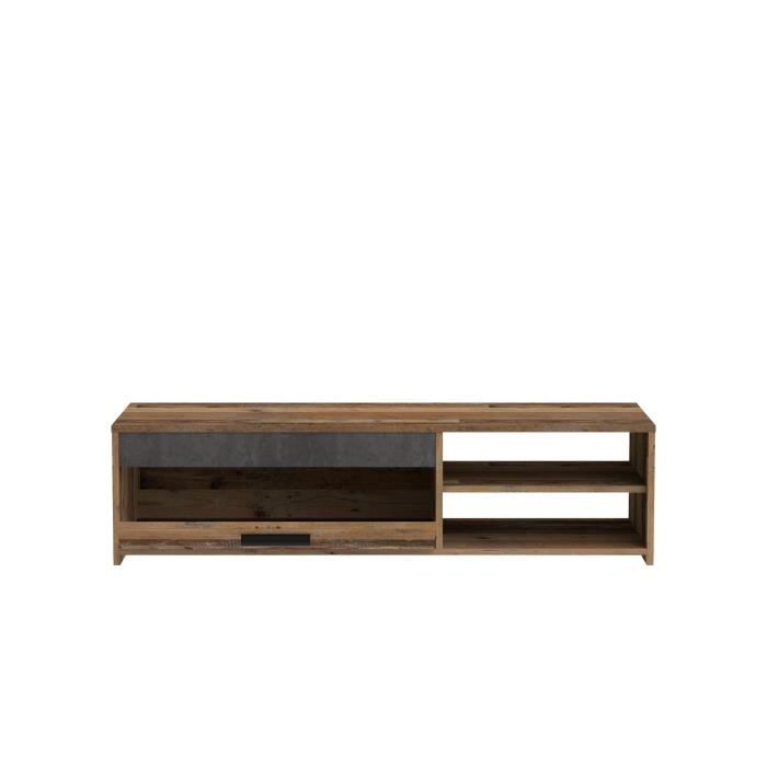 TV unit 1 drawer 2 niches - Old wood and dark gray concrete decor - L 120 x D 42.1 x H 31.8 cm - PACO
