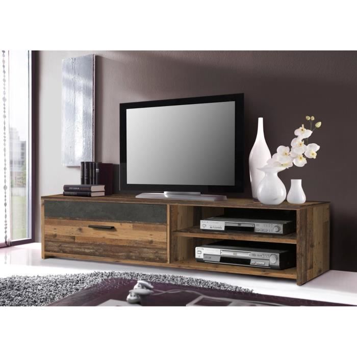 TV unit 1 drawer 2 niches - Old wood and dark gray concrete decor - L 120 x D 42.1 x H 31.8 cm - PACO