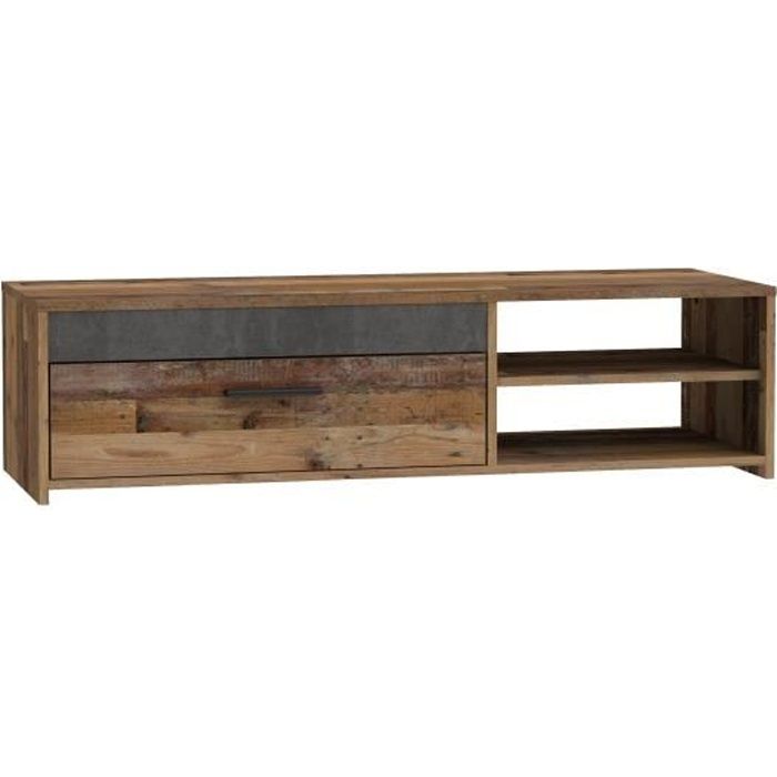 TV unit 1 drawer 2 niches - Old wood and dark gray concrete decor - L 120 x D 42.1 x H 31.8 cm - PACO