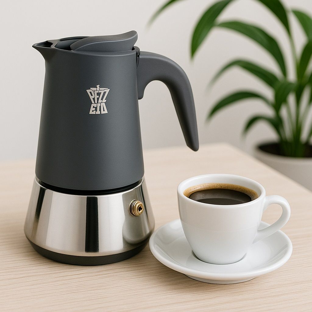 Italian Coffee Maker - PEZZETTI - STEELEXPRESS - Stainless Steel - 6 cups - Compatible with all stovetops, including induction - Indigo Blue