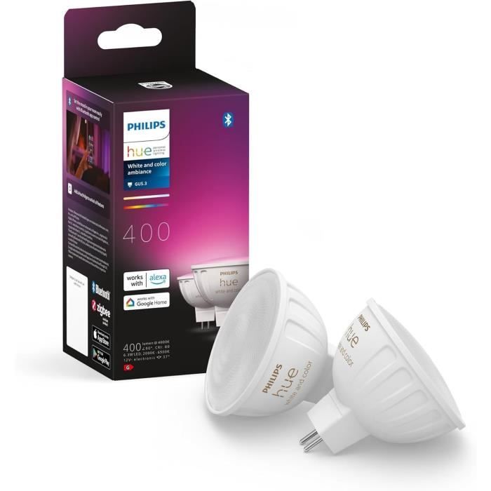Connected bulb - PHILIPS HUE - MR16 - White and colored light - Bluetooth compatible - Pack of 2 - Works with app and voice