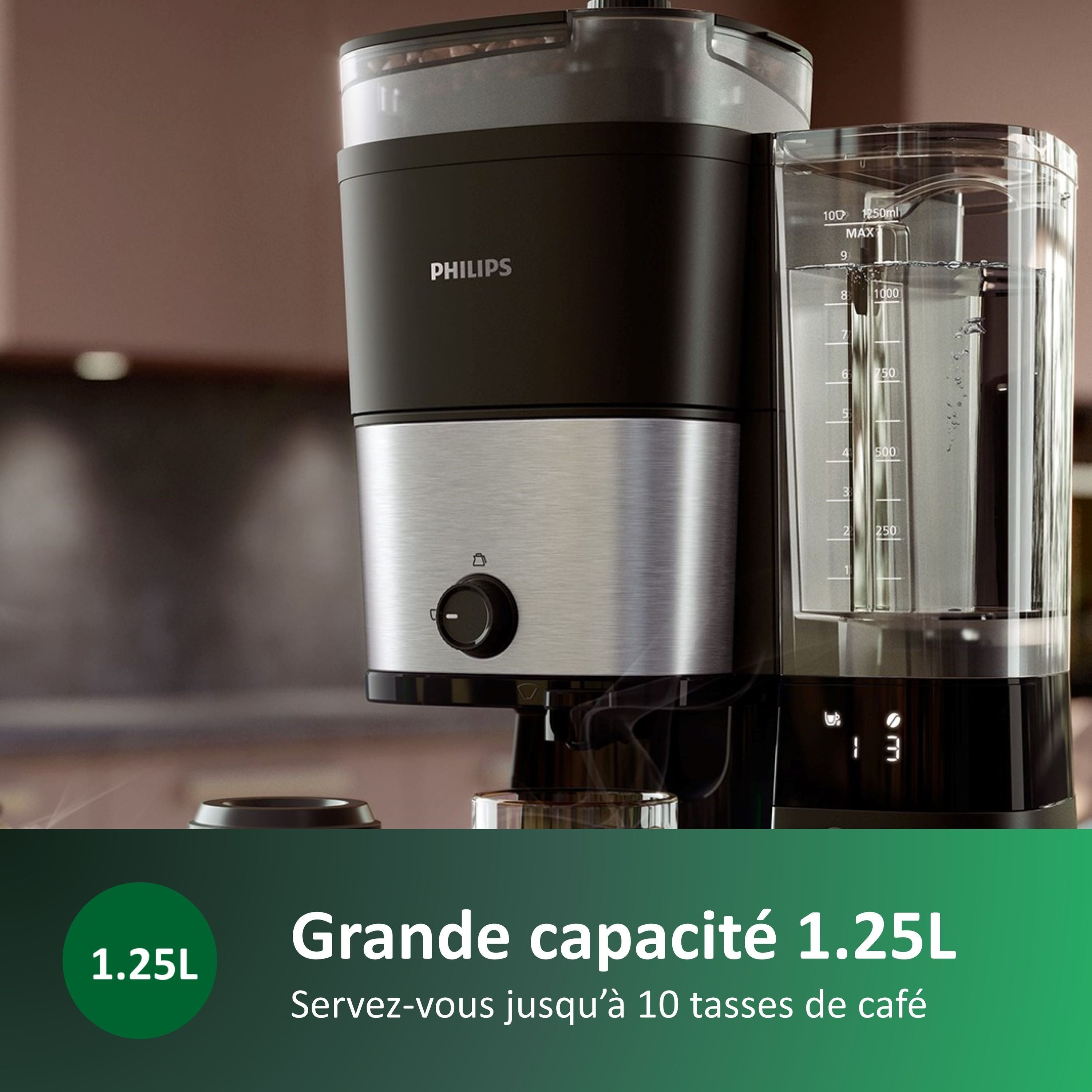 Filter coffee maker with integrated grinder - PHILIPS - HD7888/01 - Up to 10 cups - 1.25 L - Black / Silver