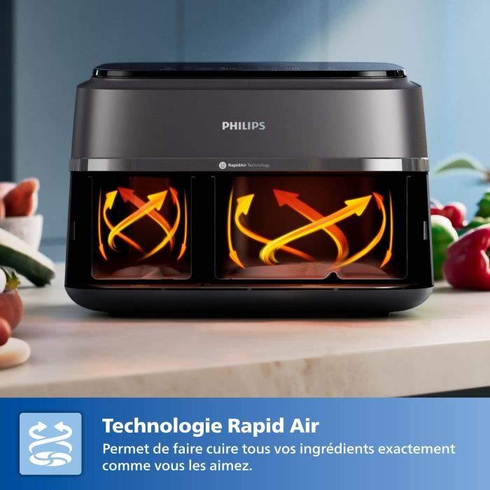 Oil-free fryer - PHILIPS - NA352/04 - 9L - Double basket - Touch screen + Accessories - Black