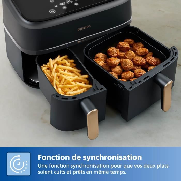 Oil-free fryer - PHILIPS - NA352/04 - 9L - Double basket - Touch screen + Accessories - Black