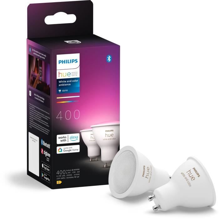 PHILIPS brand connected LED bulbs, offering adjustable brightness and a wide range of colors.
