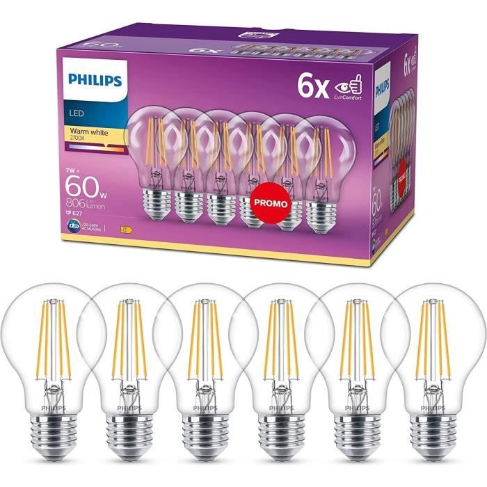 Philips, pack of 6 E27 transparent LED bulbs 60W, warm white