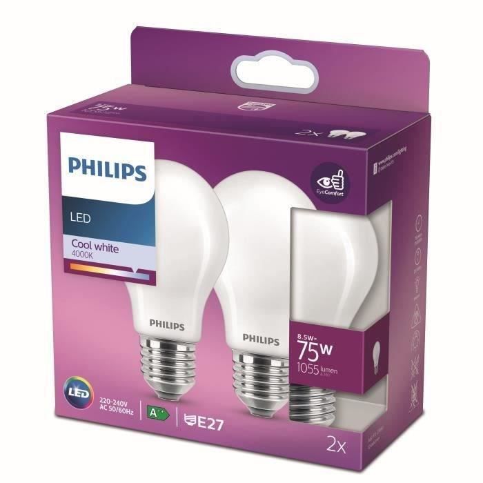 Philips LED Equivalent 75W E27 Cold White Non -Dimmable, Glass, Lot of 2