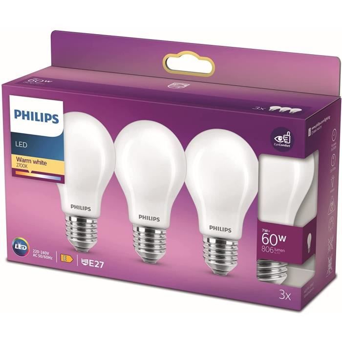 Philips, pack of 3 E27 LED 60W bulbs, warm white