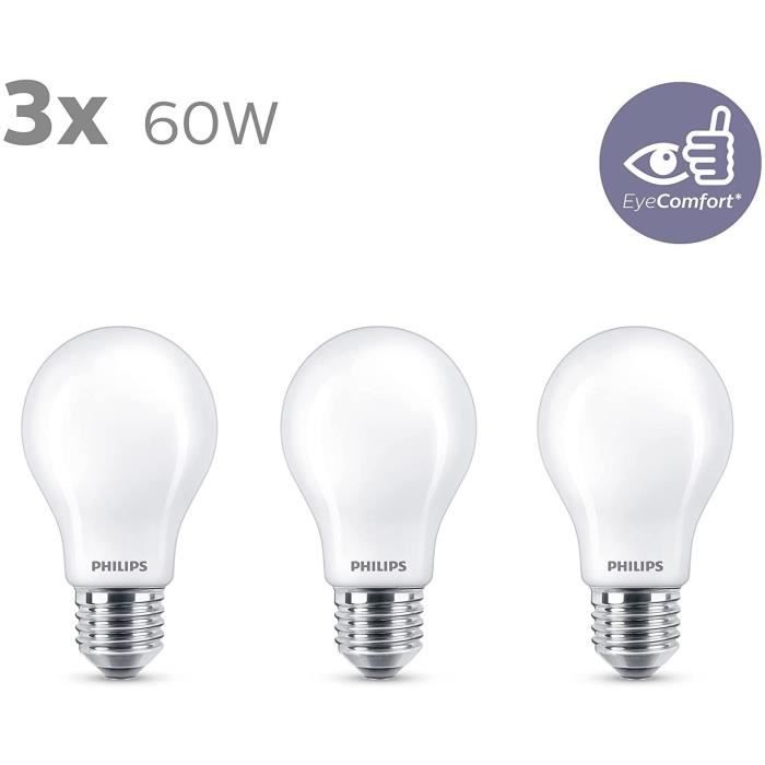 Philips, pack of 3 E27 LED 60W bulbs, warm white