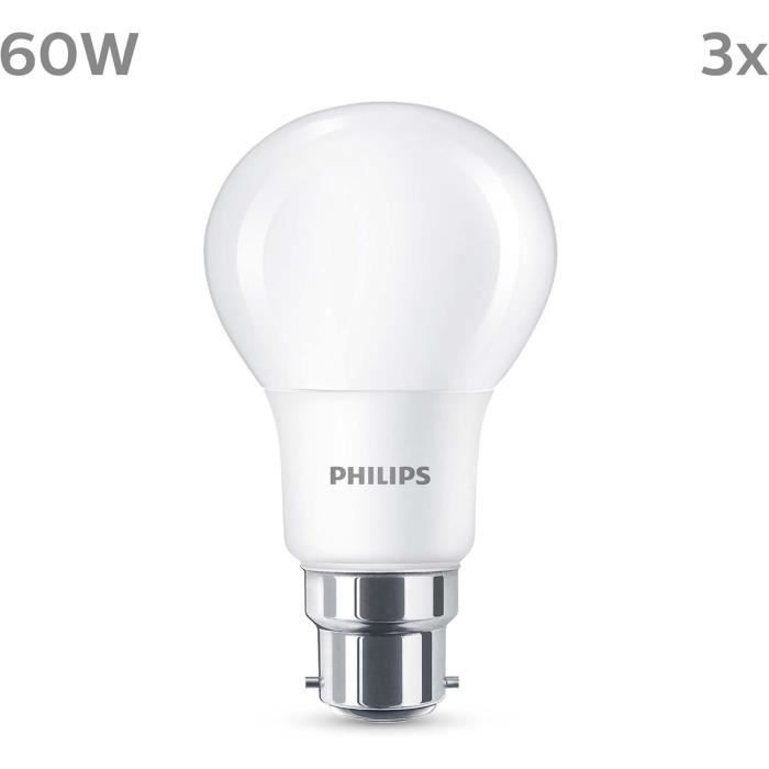 LED Bulb - PHILIPS - 60 W - B22 - Warm White - Frosted - Non-Dimmable - 3 pieces