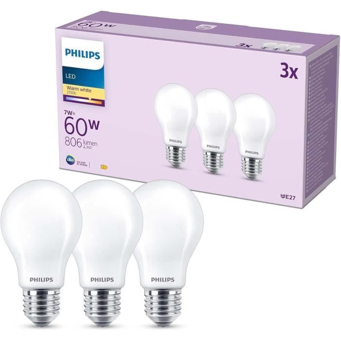 LED Bulb - PHILIPS - Classic - 60 W - A60 E27 - Warm White - Non-Dimmable x 3