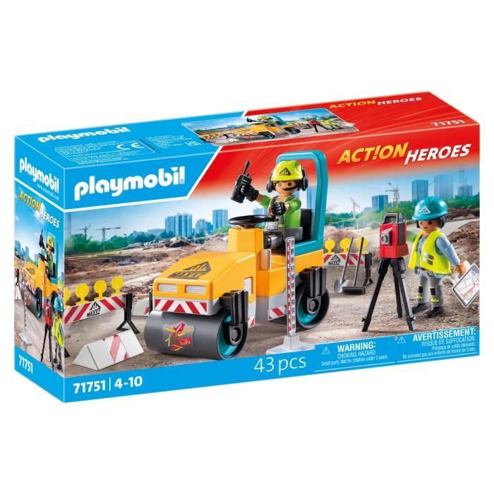 PLAYMOBIL 71751 Construction Workers with Steamroller and Signaling, Action Heroes, Construction, 43 Pieces, Ages 4+