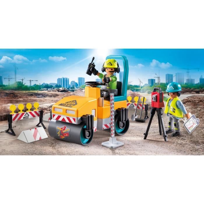 PLAYMOBIL 71751 Construction Workers with Steamroller and Signaling, Action Heroes, Construction, 43 Pieces, Ages 4+