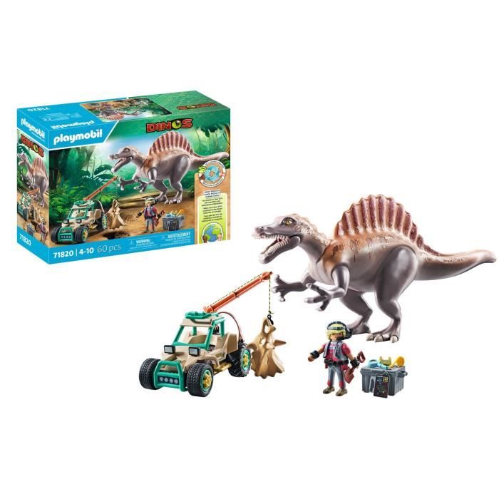 PLAYMOBIL 71820 Spinosaurus, Researcher and Vehicle with Swivel Crane, Dinos, 60 Pieces, Ages 4+