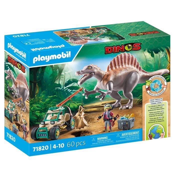 PLAYMOBIL 71820 Spinosaurus, Researcher and Vehicle with Swivel Crane, Dinos, 60 Pieces, Ages 4+