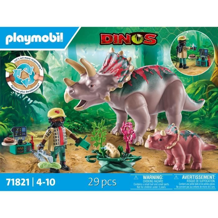 PLAYMOBIL 71821 Triceratops with Baby and Explorer, Dinos, 29 pieces, Ages 4+