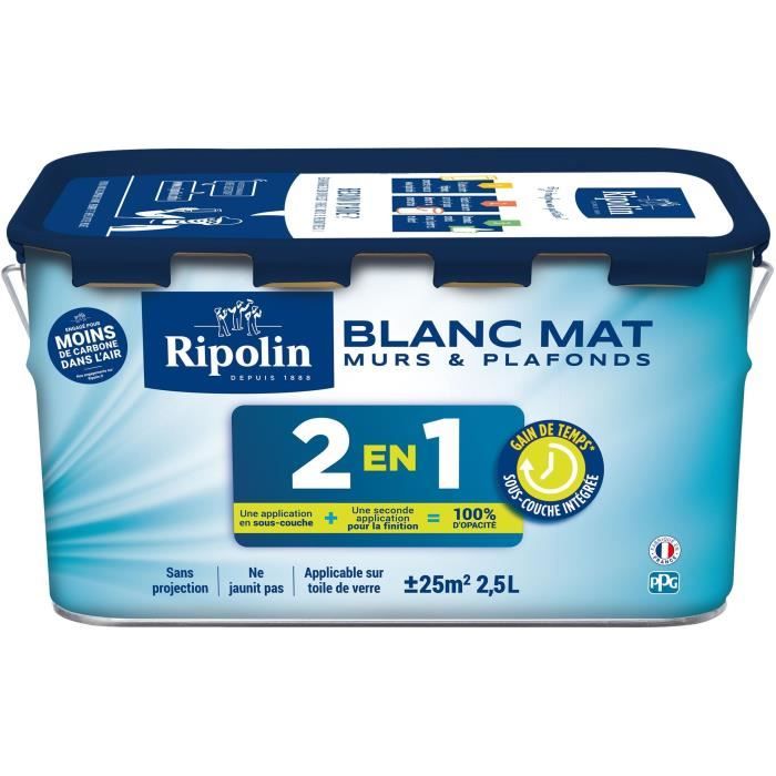 2 in 1 paint for walls and ceilings - Matt white - RIPOLIN - 2.5 L