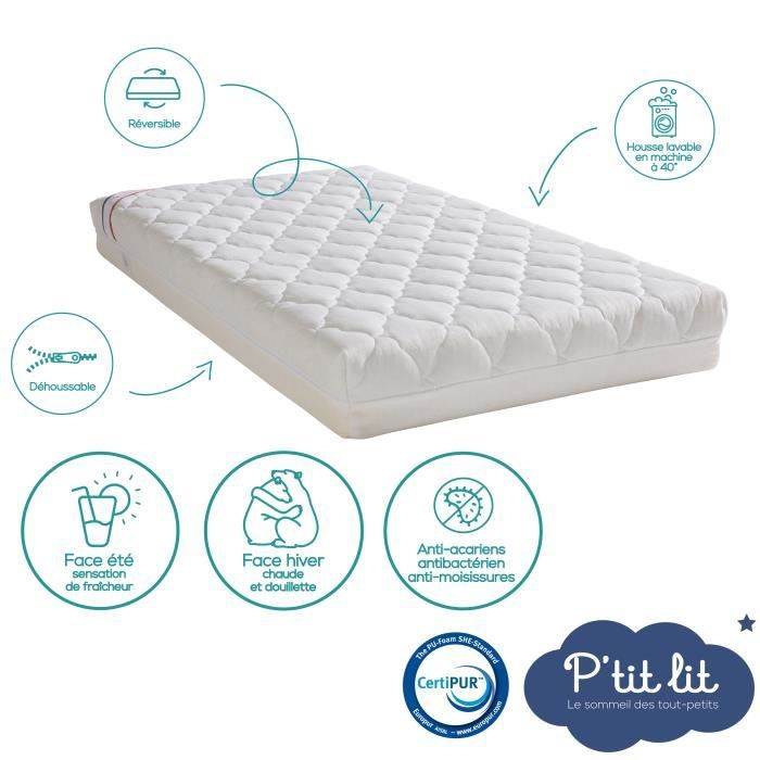 Air-conditioned baby mattress - 60x120x10 cm - Reversible - Removable cover - Anti-mite - Made in France