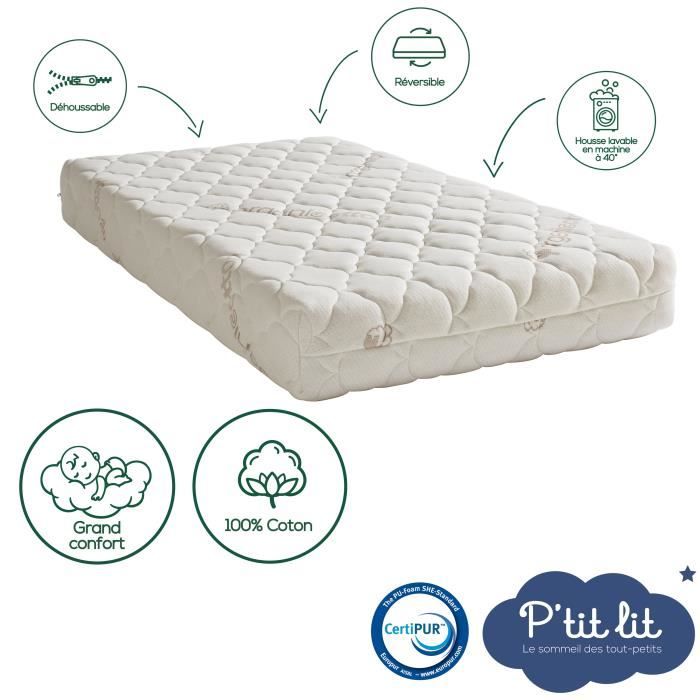 Organic Cotton Baby Mattress - 60x120x10 cm - 100% Cotton - Removable cover - No chemical treatment