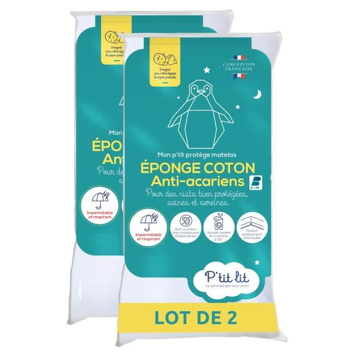 Set of 2 P'TIT LIT Anti-Dust Mite Baby Mattress Protectors - 100% cotton terry - Waterproof - 50x85 cm