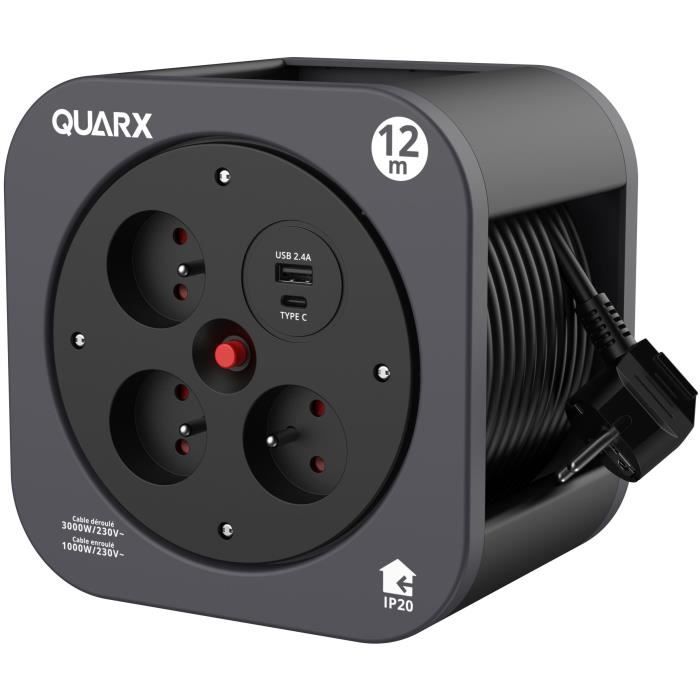 Reel - QUARX - S-Box - 12m, 3 x 16A sockets, USB Type A and C