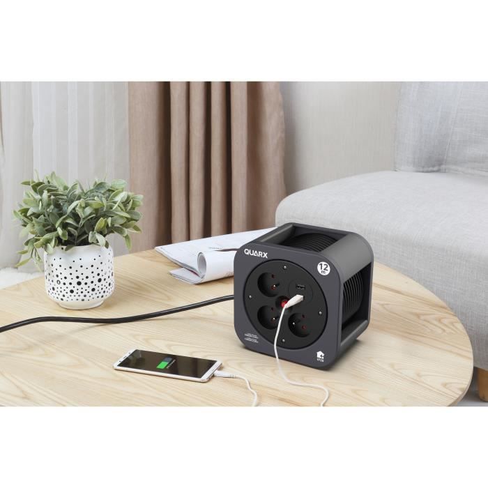 Reel - QUARX - S-Box - 12m, 3 x 16A sockets, USB Type A and C