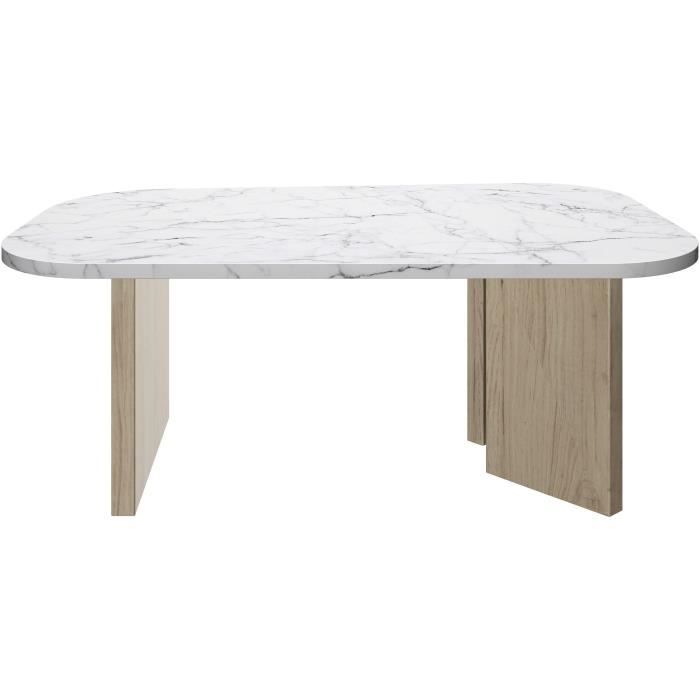 Oval coffee table - QUARTZ - White marble effect - Thick oak legs - 105 x 58 x 39 cm - DIAGONE