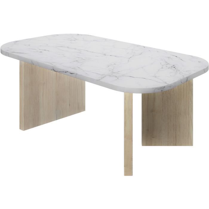 Oval coffee table - QUARTZ - White marble effect - Thick oak legs - 105 x 58 x 39 cm - DIAGONE