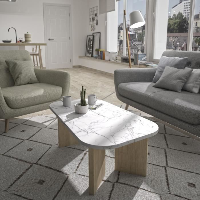 Oval coffee table - QUARTZ - White marble effect - Thick oak legs - 105 x 58 x 39 cm - DIAGONE