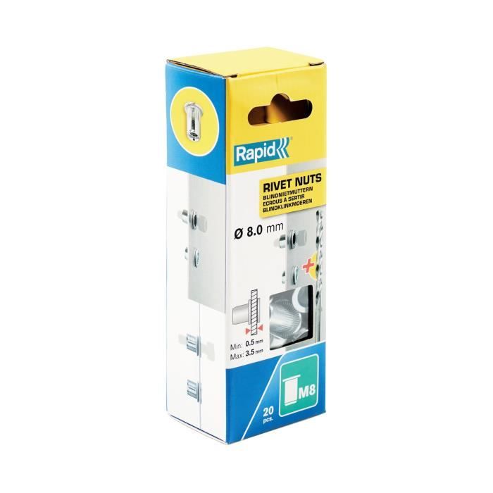 Crimping nuts for Ø8mm screws - RAPID - M8 - Box of 20 + drill bit