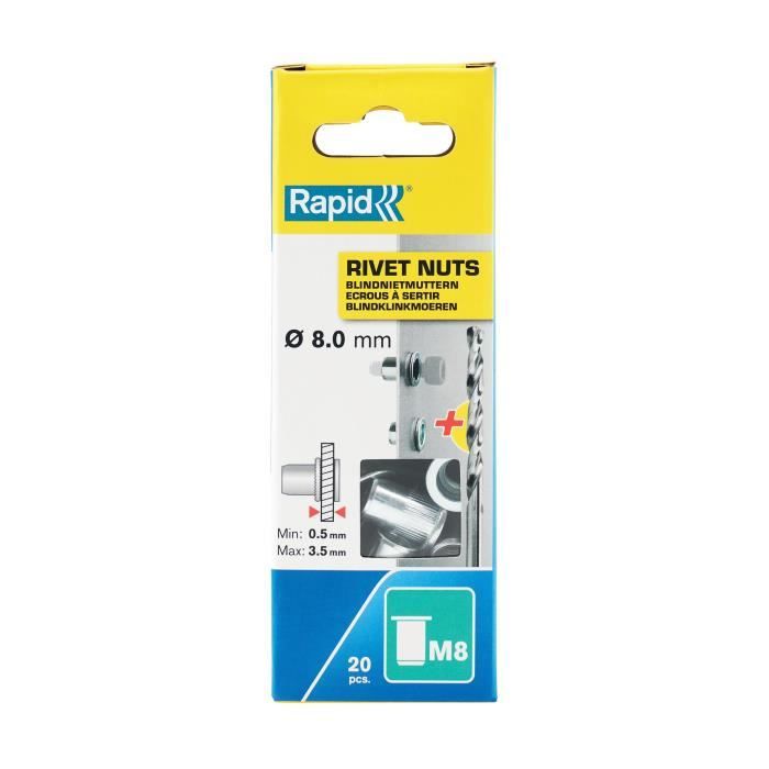 Crimping nuts for Ø8mm screws - RAPID - M8 - Box of 20 + drill bit