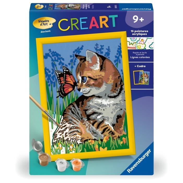 CreArt Kids 18x24cm Cat and his companion the butterfly, Paint by numbers kit, Art Number, Ages 9, 25813, Ravensburger