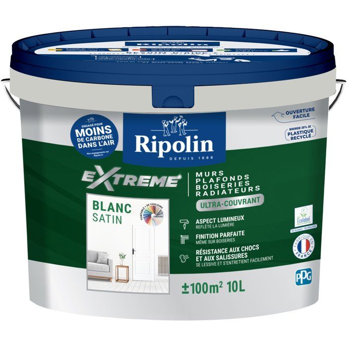Single-coat satin white wall and ceiling paint 10L Ripolin