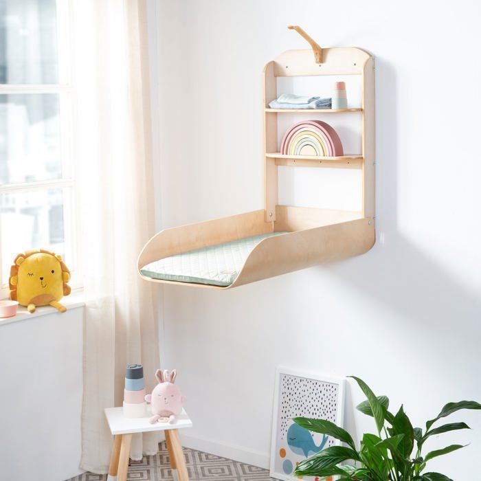 Wall-Mounted and Folding Changing Table - ROBA - Natural Wood - Integrated Shelves - Minimalist Design
