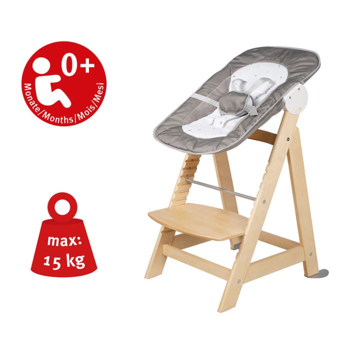 ROBA Born Up 2 in 1 High Chair + Reclining Bouncer - Sternenzauber - From Birth - Natural Wood