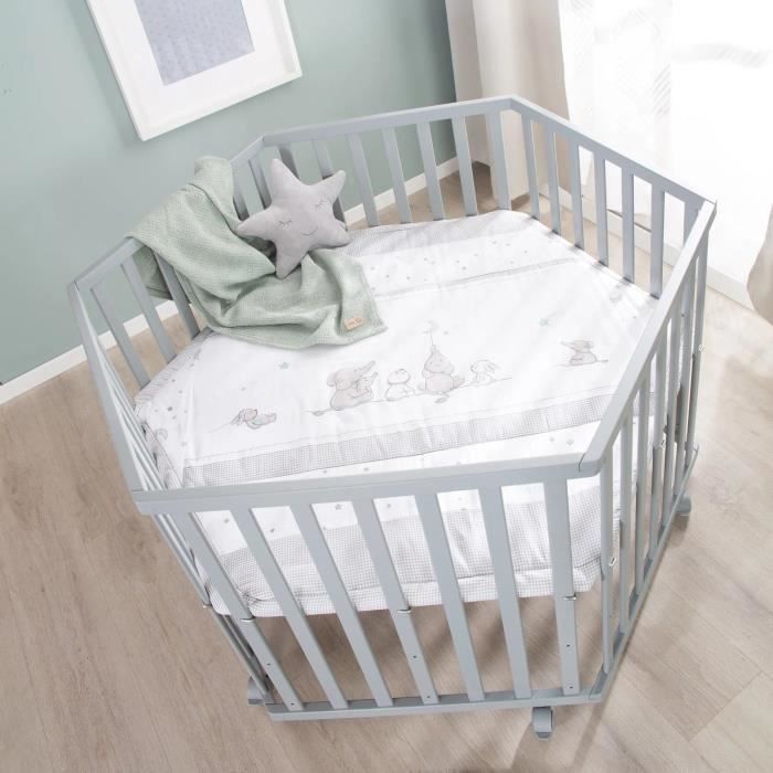 ROBA Hegaxonal Playpen - Padded Cover - Elephant Pattern - 6 Braked Wheels - Taupe Lacquered Wood