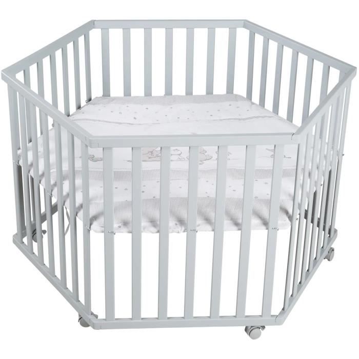 ROBA Hegaxonal Playpen - Padded Cover - Elephant Pattern - 6 Braked Wheels - Taupe Lacquered Wood