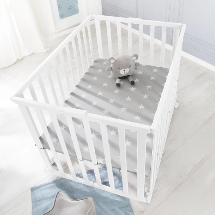 Foldable baby playpen - ROBA - LITTLE STARS - 75 x 100 cm - Height adjustable - 4 braked wheels - White lacquered wood - Star pattern