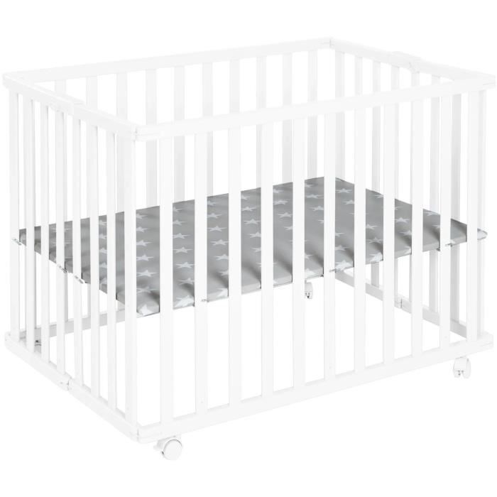 Foldable baby playpen - ROBA - LITTLE STARS - 75 x 100 cm - Height adjustable - 4 braked wheels - White lacquered wood - Star pattern