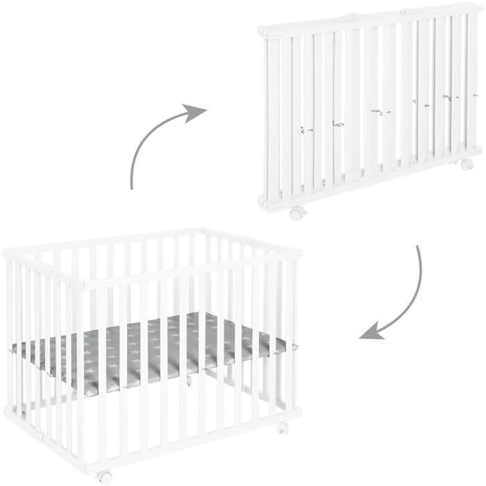 Foldable baby playpen - ROBA - LITTLE STARS - 75 x 100 cm - Height adjustable - 4 braked wheels - White lacquered wood - Star pattern