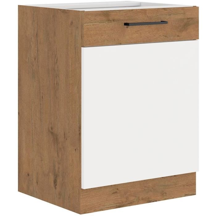ROCK - Low cabinet - Lancelot oak and glossy white melamine - 60 cm - 1 hinged door - Worktop not included