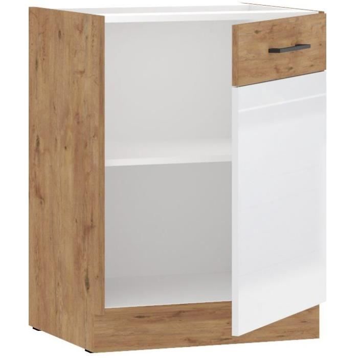 ROCK - Low cabinet - Lancelot oak and glossy white melamine - 60 cm - 1 hinged door - Worktop not included