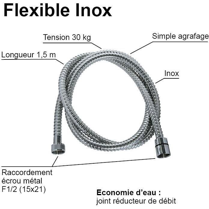 Shower hose - ROUSSEAU - Metal nuts - Safety crimps - Length 1.50m - Single-grip chrome-plated stainless steel