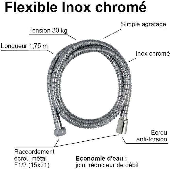 Shower hose - ROUSSEAU - Anti-twist metal nut - Safety crimps - Length 1.75m - Single-grip chrome-plated stainless steel