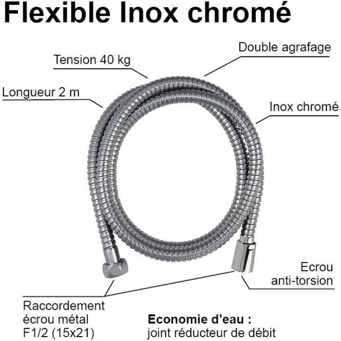 Shower hose - ROUSSEAU - Anti-twist metal nuts - Flow reduction - Length 2 m - Double-stapled chrome-plated stainless steel