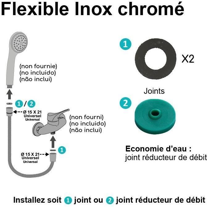 Shower hose - ROUSSEAU - Anti-twist metal nuts - Flow reduction - Length 2 m - Double-stapled chrome-plated stainless steel