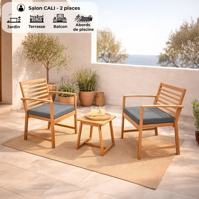 FSC Acacia wood garden furniture set with cushions - 2 people - Cali - Gray