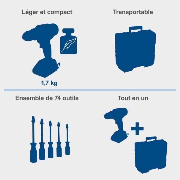 SCHEPPACH drill-screwdriver - 20V IXES - 50 Nm 13mm chuck + 2 batteries + charger + 74 accessories + Case - C-DTB74/2-X