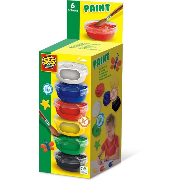 Gouache (6x45ml) - SES CREATIVE - Six colors: red, blue, white, black, green and yellow.