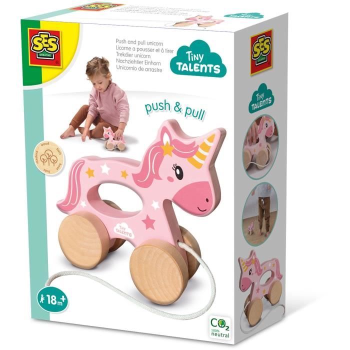2 in 1 Wooden Unicorn - Push and Pull - SES CREATIVE - Pink unicorn to push or pull.